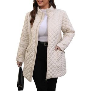 Women's Lightweight Beige Long Quilted Jackets Coat Design Warm Stand Collar